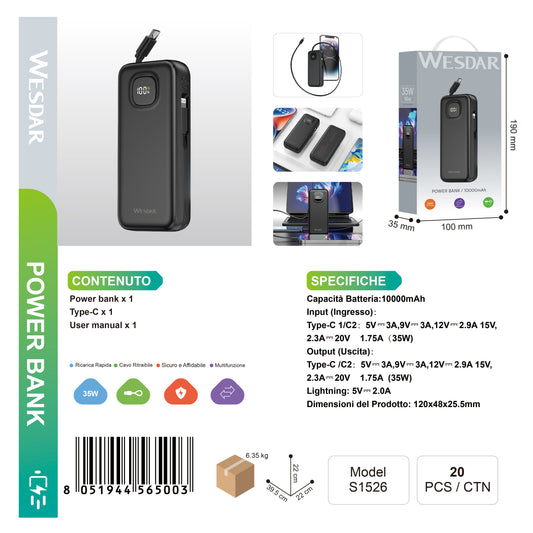 WESDAR S1526 Powerbank 10000mAh 35W Carica Rapida