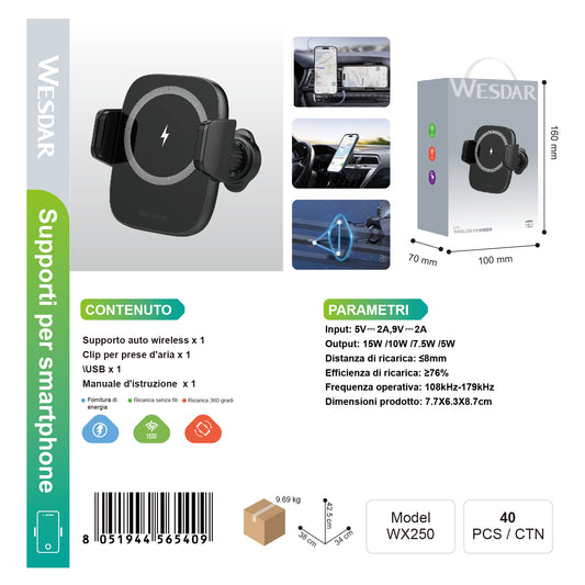 WESDAR WX250 Portacellulare per Auto con Ricarica Magnetico 15W