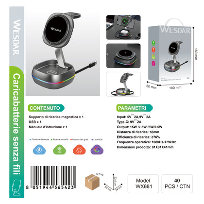 WESDAR WX681 3-in-1 Caricatore Wireless per Cellulare, Smartwatch e Airpods